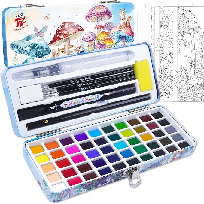 TBC The Best Crafts 50 Colors Watercolor Paint Set For Kids, Students and Artists, Amateur,Beginner.Set includes Coloring Sheets, Black Dual Tip Acrylic Paint Markers, Storage Bag