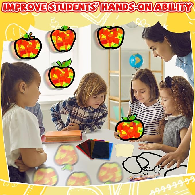 QOUBAI 32 Sets Back to School Apple Suncatchers Craft Kit DIY Window Stained Glass Effect Fall Apples Paper Craft for Home School Classroom Decor Kid Birthday Gifts Creative Art Projects Activity Game