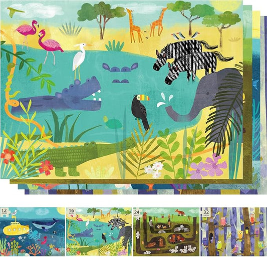 Puzzles for Kids Ages 3-5, 4 Pack 4-Difficulty-Level Puzzle with 12 16 24 32 PCS, Color-Zones on Back, 4-in-1 Progressive Animals World Jigsaw Toy Gift for Age 3 4 5 6 Year Old Boys Girls