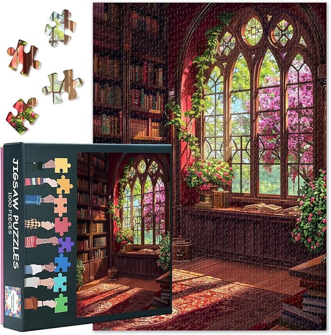 Fantasy Library 1000 Piece Puzzle for Adults, Jigsaw Puzzles 1000 Pieces Difficult and Challenge Bookshelf, 27.5x19.7 Inch Family Puzzle Game Night Gift & Home Decor (Blooming Pink Flowers)