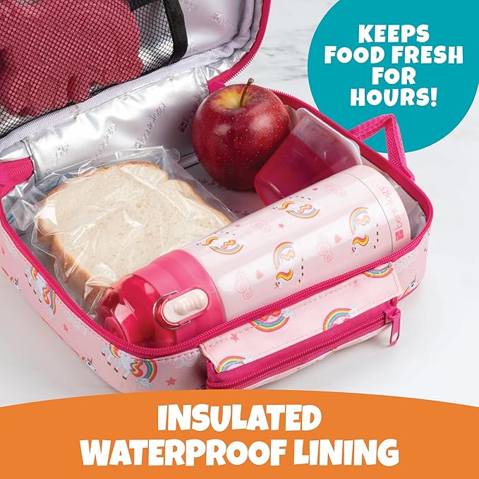 Kids Insulated Lunch Box w Snack Pocket & Expandable Water Bottle Holder For Girls- Waterproof Lunchbox Tote Keeps Food Hotter or Colder Longer - Reusable Back to School Bag Fits Most Bento Containers