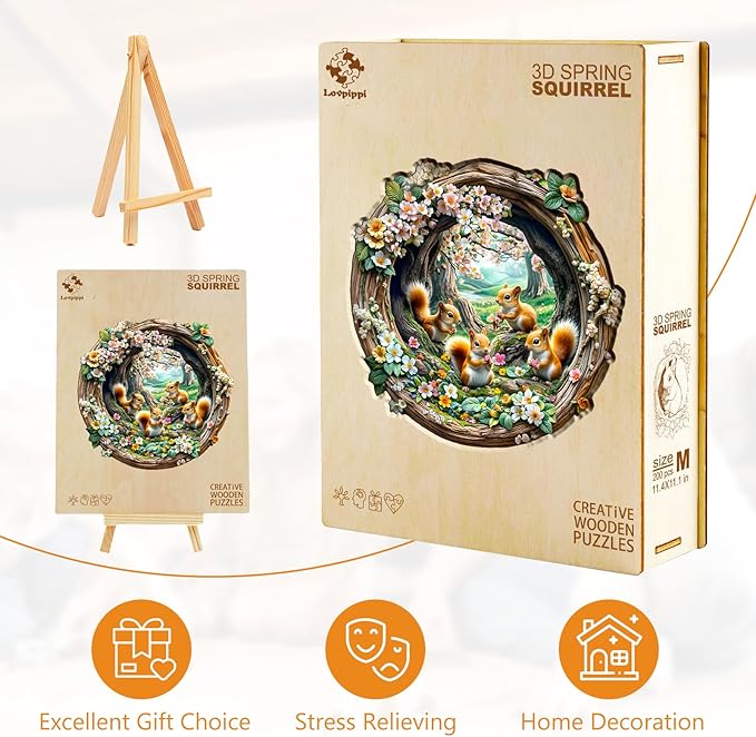 Wooden Puzzles for Adults, Wooden Jigsaw Puzzles for Adults, 3D Vision Effect-3D Spring Squirrel Unique Shaped Wood Puzzles Adult, Creative Birthday Gifts for Friends Family Game(8.5 * 8.2in 100pcs)