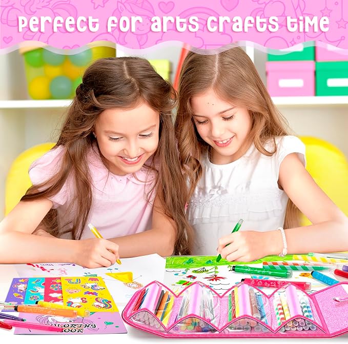 Washable Markers Set with Glitter Unicorn Pencil Case, Art Supplies for Kids Ages 5-6-8, Birthday Gifts Toys for Girls 5 6 7 8 9 10 Year Old, Arts Crafts Coloring Set with Crayon, Pencil, Gel Pen