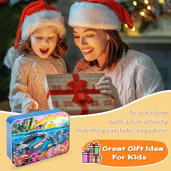 LELEMON Puzzles for Kids Ages 4-6,Underwater World 100 Piece Puzzles for Kids Ages 4-8 in a Metal Box, Educational Jigsaw Puzzles 100 Piece Puzzle Games Puzzle Toys for Girls and Boys