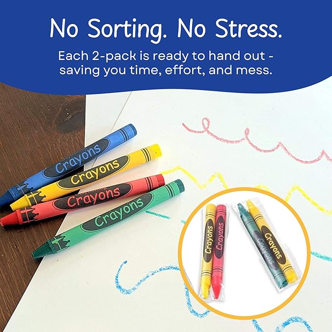 CrayonKing 1,000 Sets of 2-Packs in Cello (2,000 Bulk Crayons) Pre-Wrapped for Restaurants, Parties, Classrooms, and Events β Kid-Safe, Assorted Colors, Easy to Distribute Non-Toxic Crayons