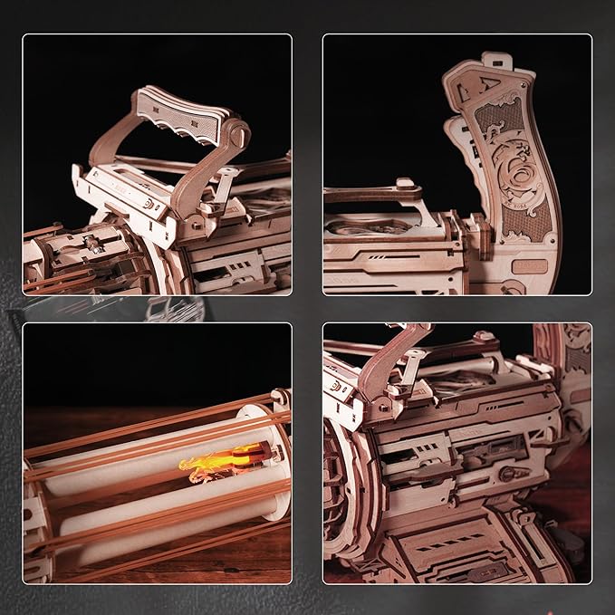 ROKR Gun 3D Puzzles for Adults, Wooden 3D Puzzle Rubber Bands Gun Toy, Rotating-Barrel Machine Gun, Wood Model Craft Kits, Cool Hobbies Birthday Gifts for Men Teen Boys 14+