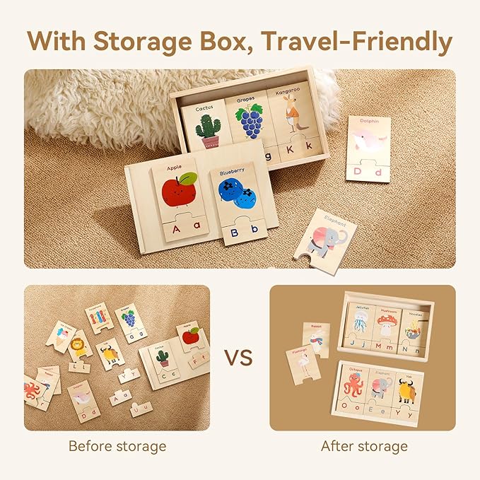 Wooden Puzzles Toddler Toys Gifts for 3 Year Old Boys Girls, Animal Jigsaw Puzzles Montessori Toys Preschool Learning Activities, Gift for Girls Boys (Animal Letters)