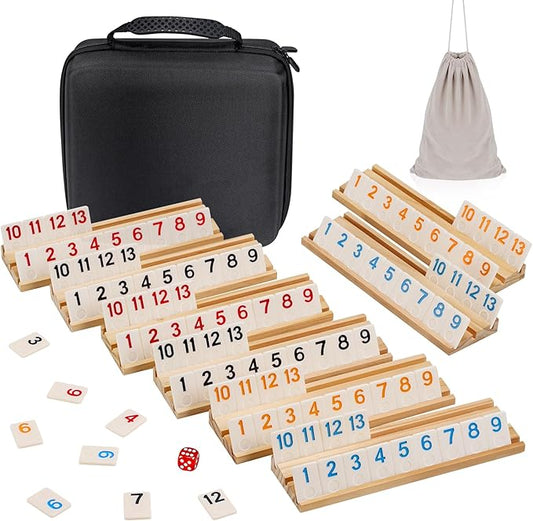 Upgraded 6-8 Players Rummy Cube Board Game Set with 8 Wooden Racks, 214 Tiles, Portable Case, Drawstring Bag and Dice, for Adults Friends Night Gifts Travel Party Sharpens Brain