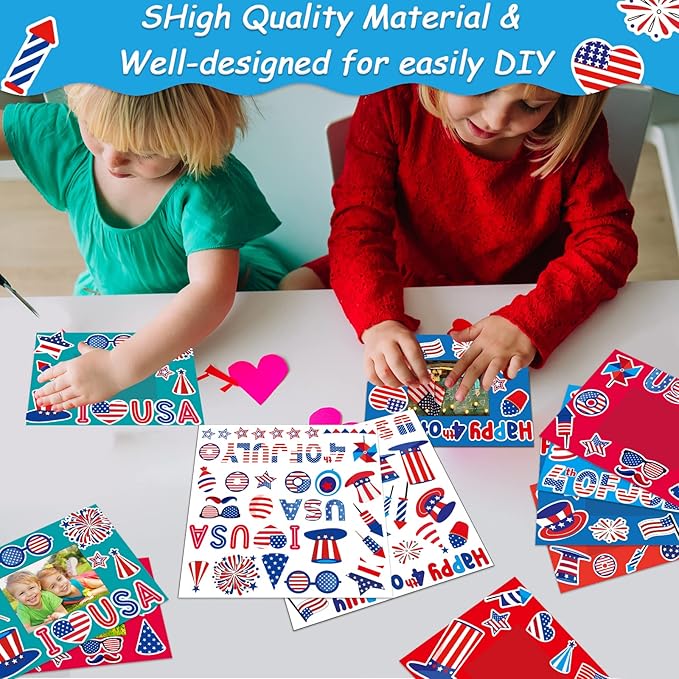 30 Packs 4th of July Picture Frame Craft Patriotic Craft for Kids with Star USA Flag Art Stickers Home Classroom Day-Care Kindergarten Game Activities Party Décor