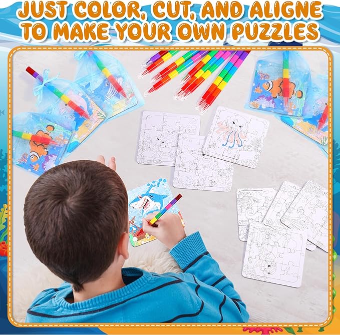 12 Sets Sea Animal Puzzles Summer Color Your Own Puzzles DIY Ocean Jigsaw Crafts with 12 Stackable Crayons and 12 Bags for Ocean Theme Gifts Birthday Party Supplies(12, Sea)