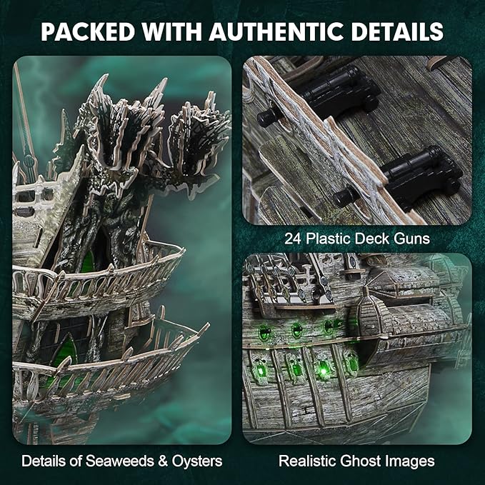 CubicFun 3D Puzzles for Adults Green LED Flying Dutchman, 360 Pieces Pirate Ship Arts & Crafts for Adults Gifts for Men Women Model Kit, Lighting Ghost Ship Easter Gifts Father's Gift