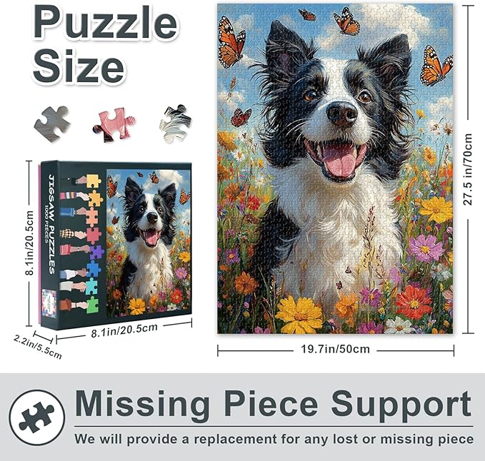 1000 Piece Puzzle for Adults, Jigsaw Puzzles 1000 Pieces for Adults - Dog and Butterfly in a Sea of Flowers, Coolest Adult Puzzles, 27.5x19.7 in