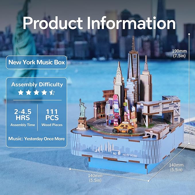 Tonecheer Wooden Music Box Puzzle for Adults,DIY Rotating Music Box Kit 3D Creative Musical Puzzle Crafts Model Building Kits Desk Decor for Teens Kids Birthday Gift (New York Music Box)
