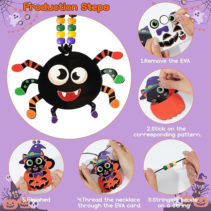 WATINC Necklace Crafts Kits - 313Pcs EVA Foam Make Your Own Cute Handmade Necklaces Artwork Project for Kids Adult, 24 Set DIY Activity Game Party Favors Gift for Home Classroom Decor (Halloween)