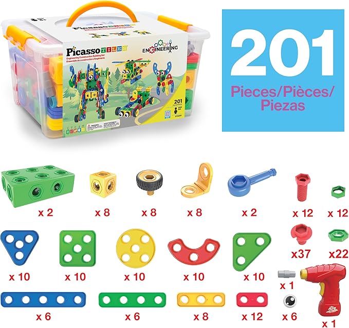 PicassoTiles 201pc STEM Learning Block Construction Kit with Power Drill and Clickable Ratchet Educational Engineering Toy Set Kids Age 3 Plus Preschool Activity Creative Play with Idea Book PTN201