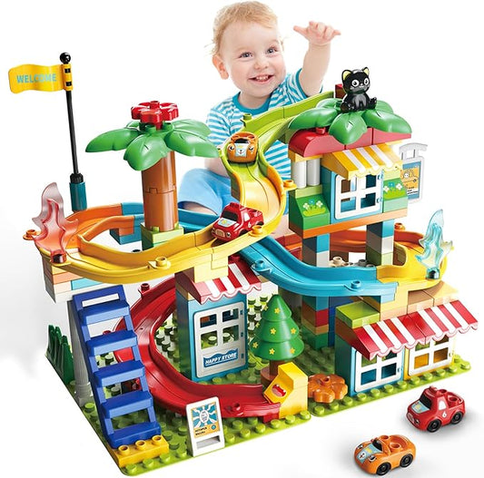 Marble Run Building Blocks,Classic Large Blocks Maze Track Sets with 4 Cars,STEM Toy Bricks Maze Puzzle Set Race Track Compatible with Major Brands for Age 3 4 5 6 7 8+ Boys Girls Gift
