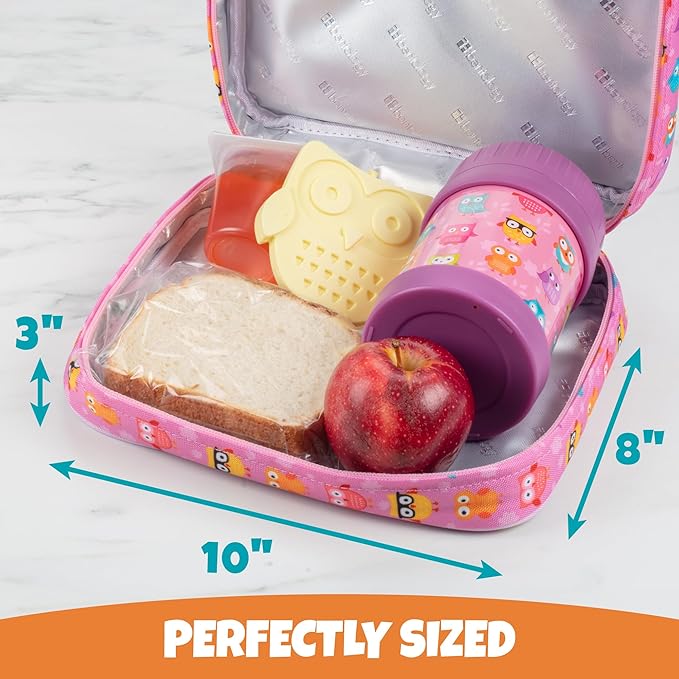 Bentology Kids Lunch Bag Set w Matching Reusable Food Jar & Hard Ice Pack- Owl- Insulated Tote, Stainless Steel thermos & Freezer Pack to Keeps Food Fresh for Hours- Back to School Lunch Box Kits