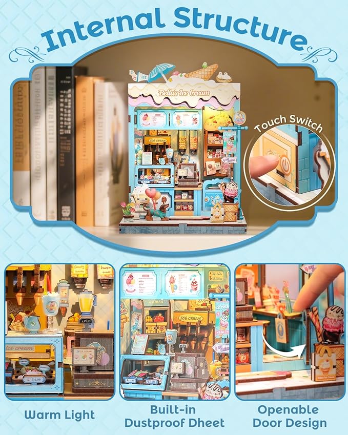 CUTEBEE Book Nook Kit, DIY Miniature House Kits for Adult and Teens, Dollhouse Booknook Tiny House, Bookshelf 3D Wooden Puzzle, DIY Craft Gifts for Family and Friends (Bella's Ice Cream)