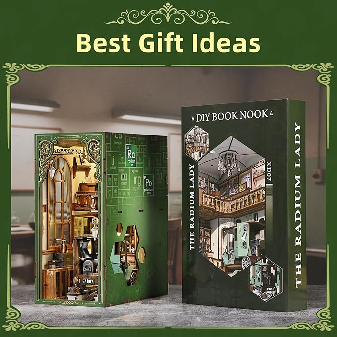 Book Nook Kit, DIY Doll House Booknook, Miniature Kit for Bookshelf Doll Houses for Adults Teen Halloween, 3D Wooden Puzzle Bookends with Led Light and Dust Cover (The Radium Lady)