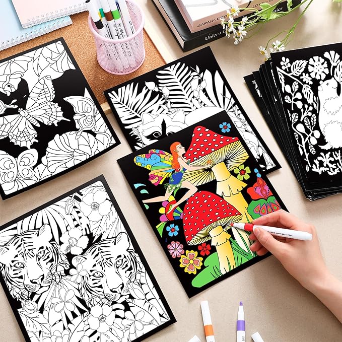 Zhanmai Pack of 48 Animal Velvet Coloring Posters and Watercolor Pens Creature Forest Panda Trigger Lion Velvet Posters for Adults Coloring Poster for Classroom Holiday Arts Crafts