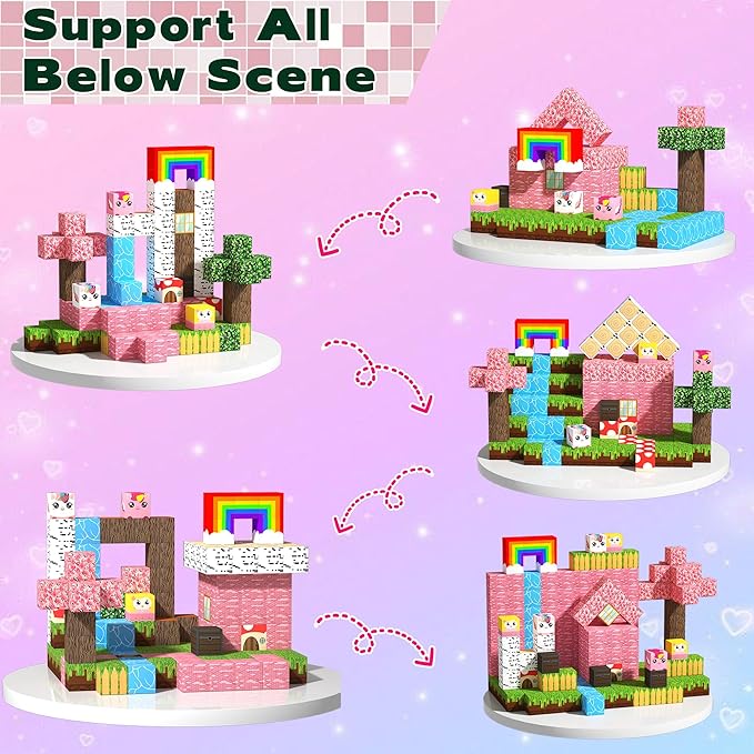 150PCS Magnetic Building Blocks for Kids - Unicorn Princess Pixel Magnetic Blocks 0.8in, Grassland Mine World Magnet Cubes Toys, STEM Sensory Toys for 3 4 9 10 Year Old Girl Christmas Birthday Gifts