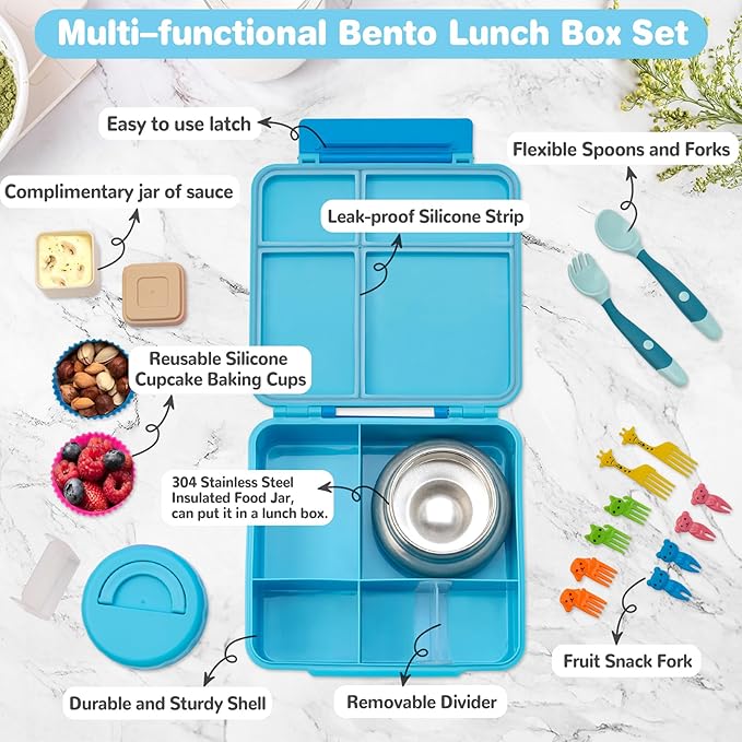 Bento Lunch Box with 9.5 oz Soup Thermo, Kids Leakproof 4 Compartments Bento Box with Silicone Cupcake,Fruit Fork,Spoon and Sauce Cup,Insulated Food Jar for School Travel-Blue