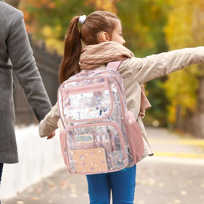 Heavy-Duty Clear Backpack for School - Durable See-Through Bookbag pink
