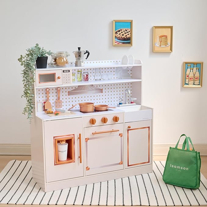 Teamson Kids Wooden Play Kitchen for Toddlers with Accessories, Pretend Cooking Set for Kids Age 3+, White Toy Kitchen Playset, Retro Design, Realistic Features for Boys & Girls, St. Louis Collection