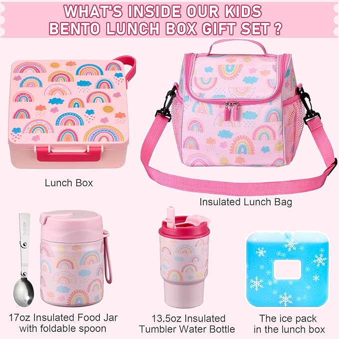 Bento Lunch Box for Kids with 17oz Soup Thermo,Insulated Tumbler Water Bottle and Insulated Lunch Bag,Leak-Proof 3 Compartment Lunch Food Container with with Ice Pack for Kids to School-Rainbow