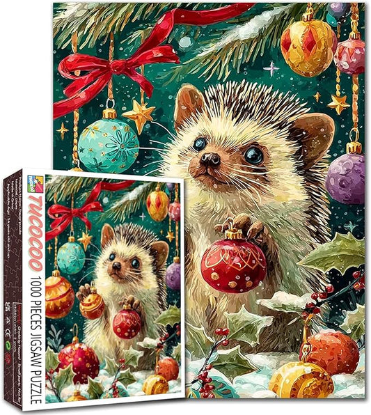 Merry Christmas 1000 Piece Jigsaw Puzzles for Adult Hedgehog Playing with Xmas Balls Painting Jigsaw Puzzle 1000 Animal/Wildlife Puzzles20''x27”inch DIY Craft Puzzle Art Wall Decor Family Challenging