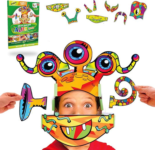 JUNKO Alien Head Kids Craft Kit – Build & Wear Costume for Boys & Girls Ages 6–10 – 200+ Mix & Match Combos – Fun Parent & Child Activity – Recycled & Reusable Craft Set
