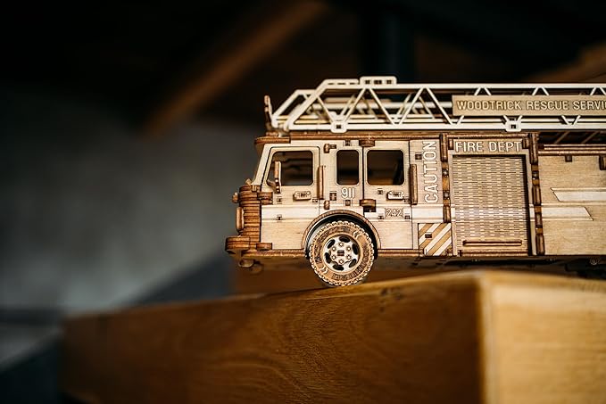 Wood Trick Rescue Firetruck Movable - Rotating Extendable Ladder - 3D Wooden Puzzles for Adults to Build - Rides up to 20 ft - Wooden Models Engineering DIY Project Mechanical Model Kit