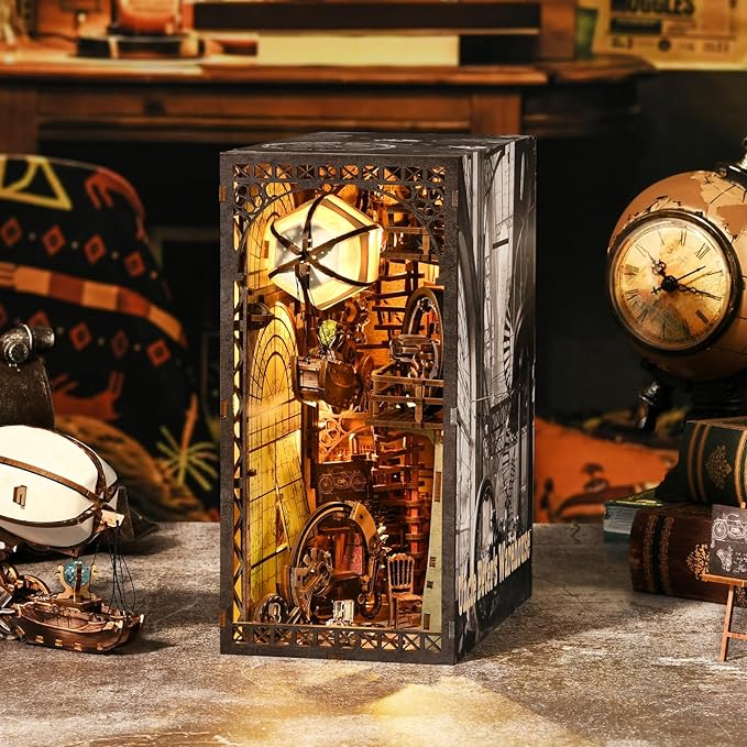 Book Nook Kit, Book Nook Kits for Adults and Teens, DIY Miniature Dollhouse Kit 3D Wooden Puzzle Booknook Bookend with LED Light
