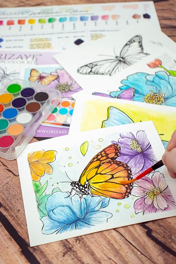 Flutterby Watercolor Kit – 4 Butterfly Pre-Printed Painting Projects for Artists, Beginners, or Groups - Includes 140lb Paper, Paint, Brush & Guide – Perfect for Travel or Home DIY Art