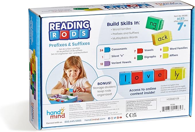 hand2mind Reading Rods Prefixes & Suffixes, Word Roots for Kids, Word Building Activities, Spelling Toys, Reading Tools for Kids, Phonemic Awareness and Phonics, Science of Reading Manipulatives