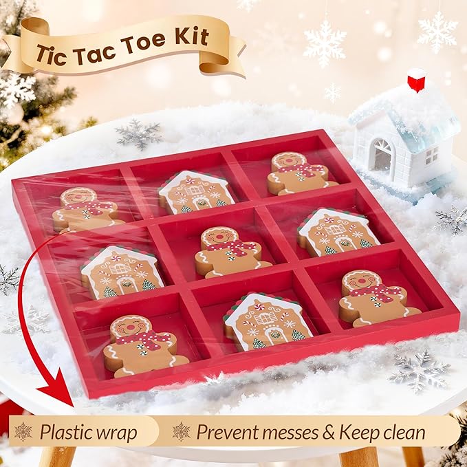 GENMOUS Christmas Tic Tac Toe Game Board Indoor Game, 10.6 Inch Rustic Giant Tic Tac Toe with Gingerbread Man and Igloo, Xmas Coffee Table Decor, Fun for Home Room Holiday Decorations