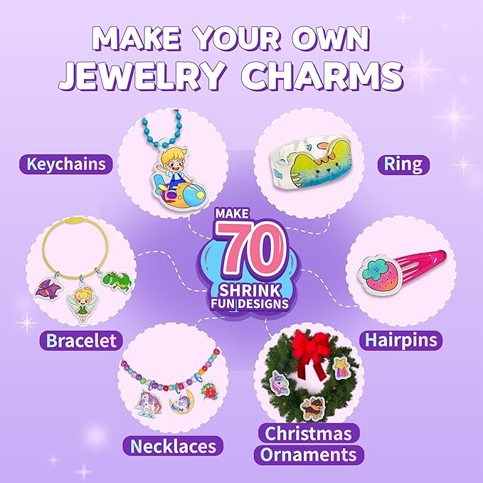 70 Pre-Cut Unicorn Shrinky Dink Sheets Art Kit, Shrink Paper Keychain Kit with 8 Colored Pencils Make Jewelry Charms & Accessories, Mess-Free Arts & Crafts for Kids, DIY Crafts for Adults and Teens