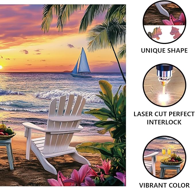 GLOBLELAND 300Pcs Summer Beach Wooden Jigsaw Puzzles for Adult Ocean Waves Wooden Puzzles Colorful Unique Shaped Wood Puzzles for Holiday Birthday Gifts