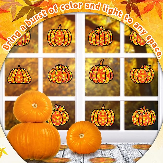 32 Sets Pumpkin Suncatchers Craft Kit DIY Window Stained Glass Effect Fall Pumpkin Paper Crafts Home School Classroom Autumn Thanksgiving Decor Kid Birthday Gift Creative Art Project Activity Game