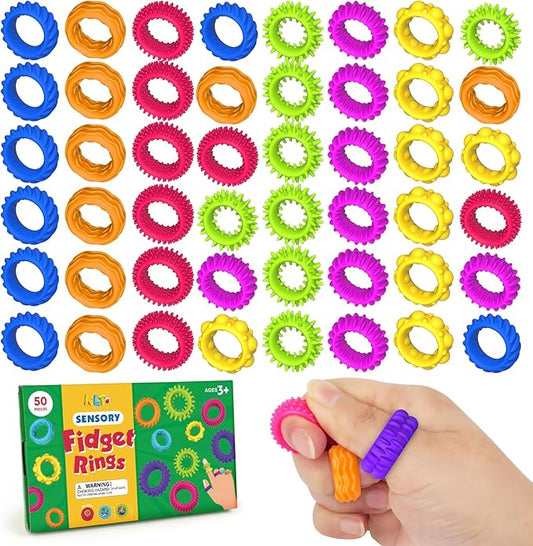 Fidget Toys Sensory Rings for Kids: 50 Pack Textured Fidget Rings Bulk - Sensory Toys for Autism Calming - Quiet Classroom Prizes Treasure Box Stocking Stuffers