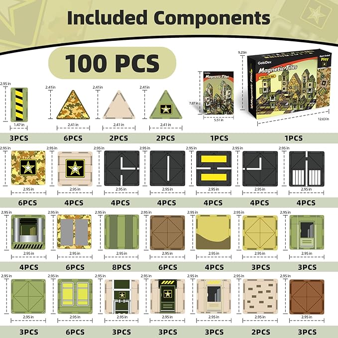 GobiDex 100PCS Army Magnetic Tiles for Toddler, STEM Construction Building Blocks for Kids Military Toys Games, Upgraded Educational Birthday Gifts Toys for 3+ Year Old Boys Girls, Classroom Must Have