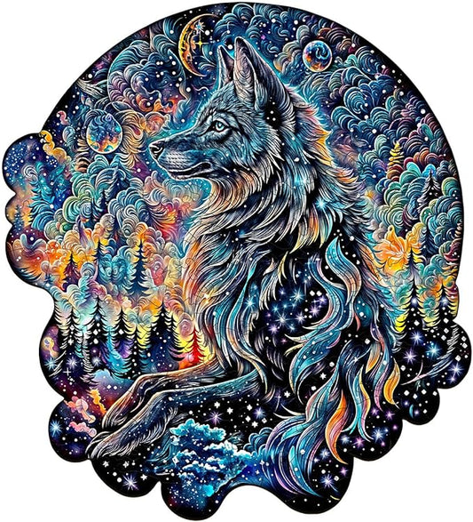 KAAYEE Wooden Puzzles for Adults, 3D Visual Effect Wolf Nebula Wooden Jigsaw Puzzle Unique Shape Wood Puzzle Adult, 3D Effect Flat Puzzle Birthday Family Game (M-11.4 * 10.4in-180pcs)
