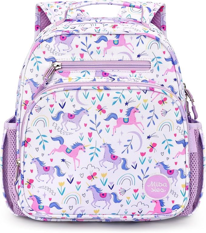 mibasies Toddler Backpack for Girls 2-4: Cute Kids Backpacks for Girls - Preschool Kindergarten Backpack - Unicorn Garden Purple