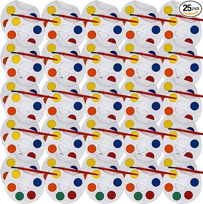 Color Swell Bulk Watercolors Round Paint Pack with Brushes - 25 Sets with 5 Washable Colors Each - Great for Kids, Classrooms, Parties, Students, Donations, Party Favors, All Ages