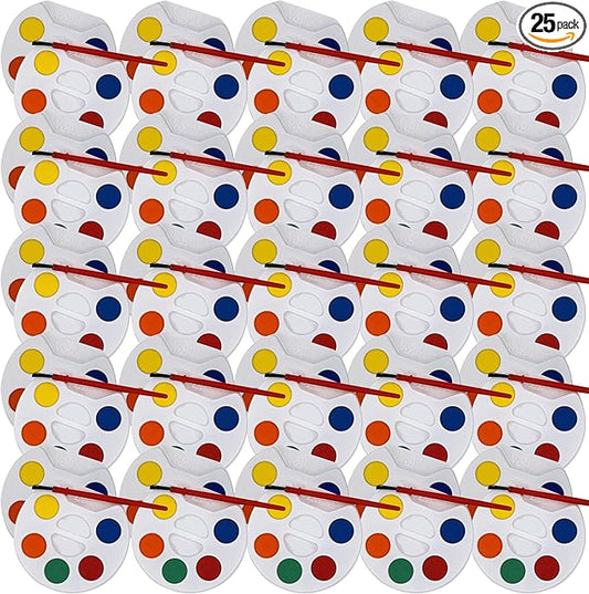 Color Swell Bulk Watercolors Round Paint Pack with Brushes - 25 Sets with 5 Washable Colors Each - Great for Kids, Classrooms, Parties, Students, Donations, Party Favors, All Ages