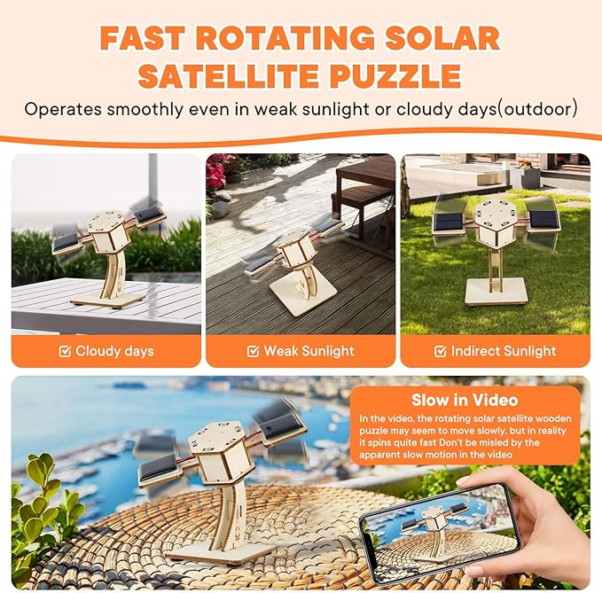 DIY Rotating Solar Satellite - 3D Wooden Puzzle Building Toy.STEM Educational Science Craft Model Kit for Kids.Creative Artificial Satellite Space Model.