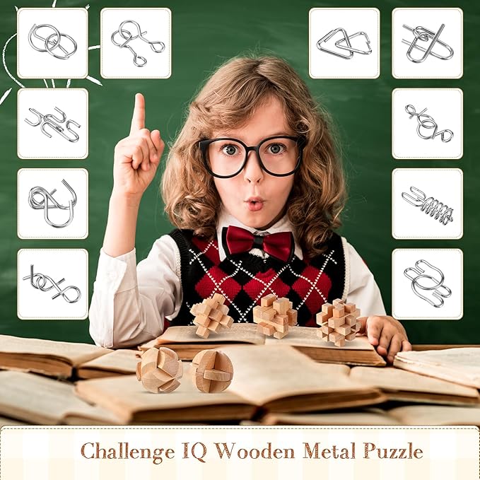 Yilloog 45 Pcs Brain Teasers Metal and Wooden Puzzles for Kids Adults Mind Iq and Logic Test Toys 3D Educational Unlock Interlock Puzzles Box for Family Challenging Games