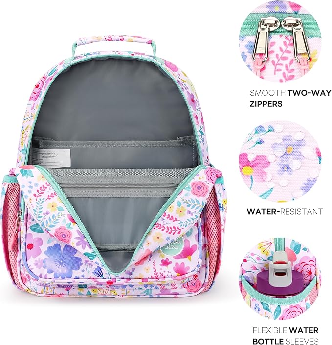 mibasies Kids Backpack for Girls: Girls Backpack 5-8 - Kindergarten Elementary School Bookbag for Girl - Flower Pink Turquoise