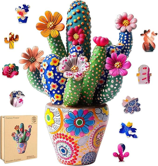 Mys Aurora Puzzles for Adults Cactus Flower Wooden Puzzles, 1000 Pieces Unique Shaped Liberty Jigsaw Puzzles, Birthday for Mom Adults, Fun Challenge Family Game 29.3'' x 21''