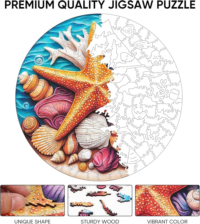 Wooden Puzzles for Adults, Blue Starfish Jigsaw Puzzles, Unique Adult Puzzles 200 Pieces, Wooden Toys Best Gift for Adults and Kids Family Brain Game, 11.2x11.2 inch